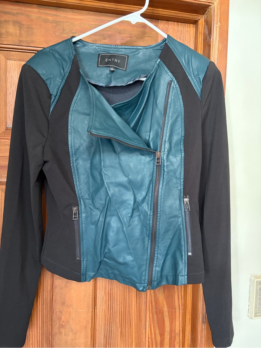 Entry Teal and Black Faux Leather Moto Jacket